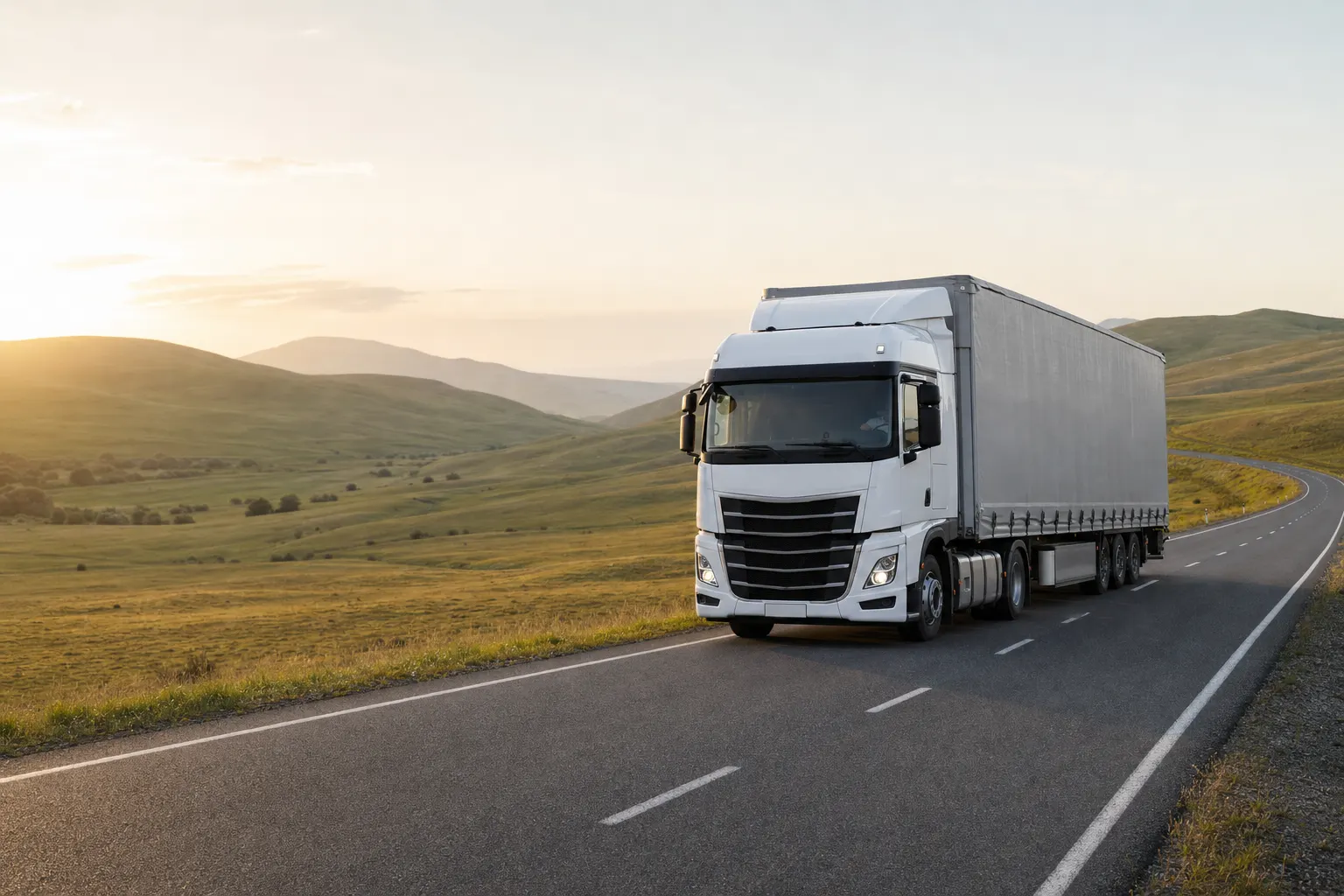 Camion cu semiremorcă MEGA cu prelată pe un drum național, în lumina dimineții